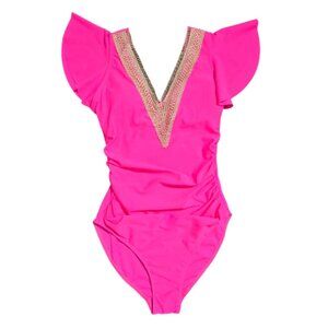 NWOT | Hot Pink One-Piece Swimsuit | Ruffle Sleeves | Crochet Detail | Small